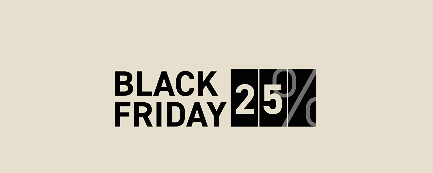 Promotional Black Friday image with the text 'Black Friday 25%', with the discount percentage displayed in black blocks