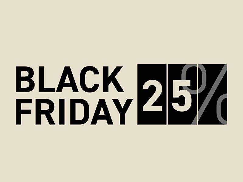 Promotionele Black Friday-afbeelding met de tekst ‘Black Friday 25%’, waarbij het kortingspercentage wordt weergegeven in zwarte blokken